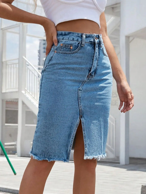 'Khaleesi' Raw Hem Slit Denim Skirt - Celes Fashion